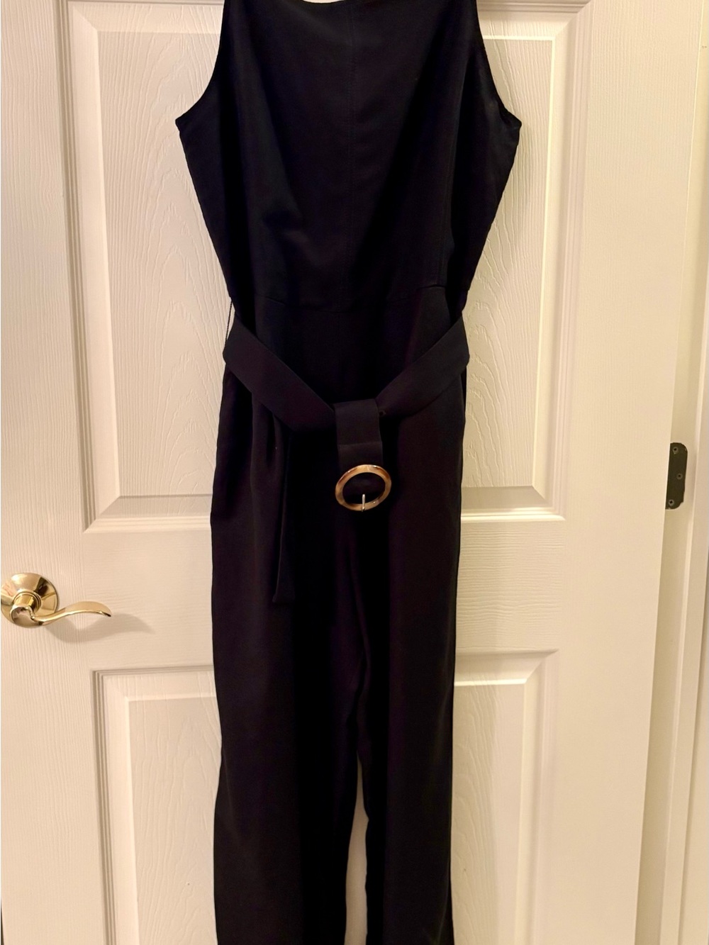 LOFT Black linen Sleeveless Jumpsuit with Belt and Gold Buckle